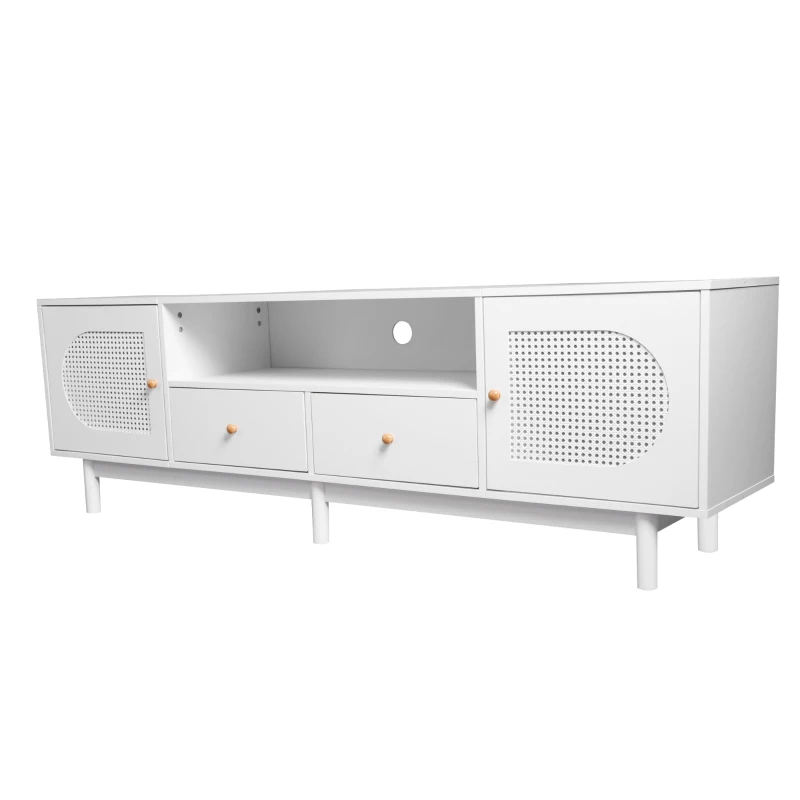 Meuble TV scandinave élégant en rotin 180 cm pour téléviseurs jusqu'à 80 pouces avec 2 portes et 2 tiroirs, Blanc