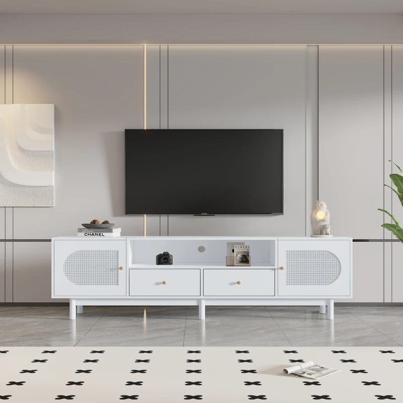 Meuble TV scandinave élégant en rotin 180 cm pour téléviseurs jusqu'à 80 pouces avec 2 portes et 2 tiroirs, Blanc