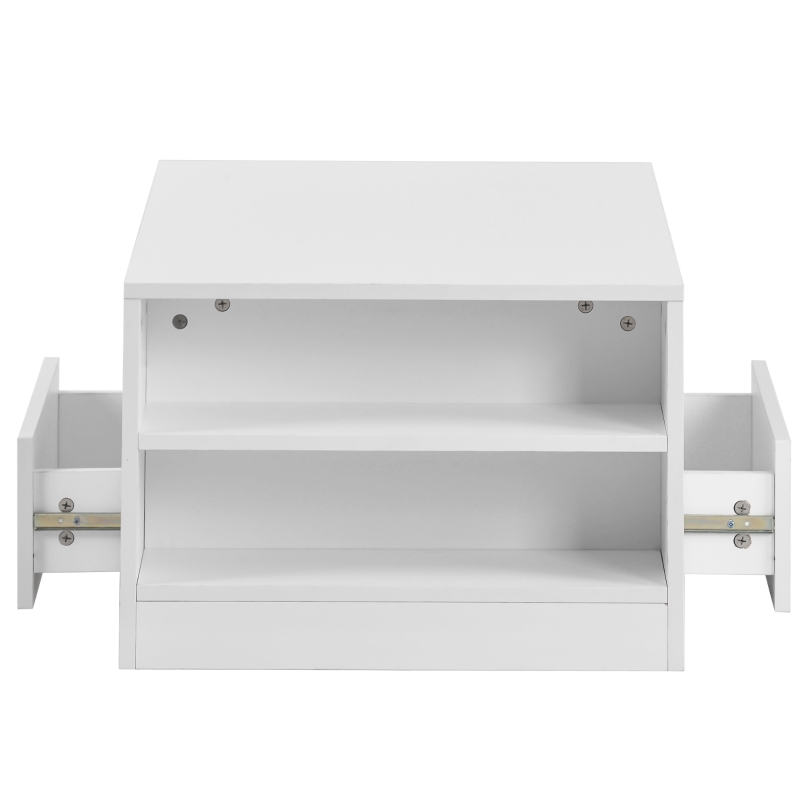 Table Basse Moderne Brillante Relevable avec Plateau Relevable, 2 Tiroirs, 2 Étagères et Éclairage LED, Blanc