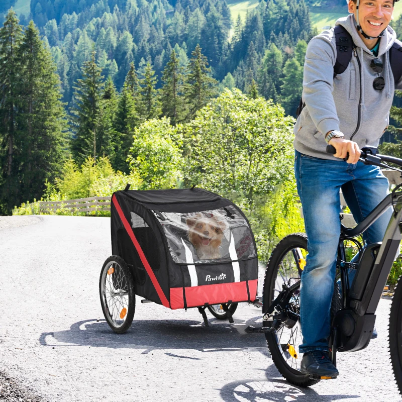 PawHut Hundeanhänger Fahrradanhänger bis 30kg geländegängig lagerbar wetterfest Reflektoren Oxford-Gewebe Stahlrahmen 145 x 80 x 87 cm Schwarz+Rot