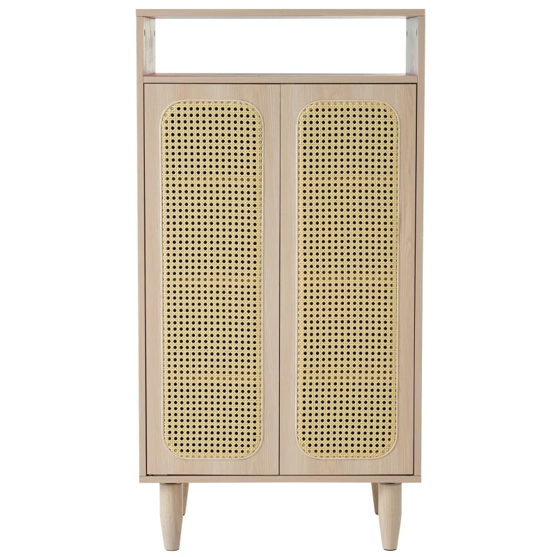 Buffet haut en Bois avec Portes en Cannage Rotin Étagères Réglables et Meuble de Rangement, Naturel