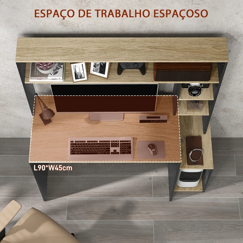 HOMCOM Secretária para Computador com Prateleira de 3 Níveis Mesa de Estudo com Suporte para CPU 114x45x138 cm Cinza e Natural