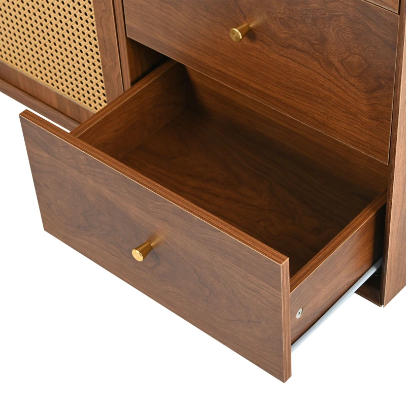 Buffet Moderne en Rotin avec 3 Tiroirs, 2 Portes et Meuble TV Scandinave, couleur noyer