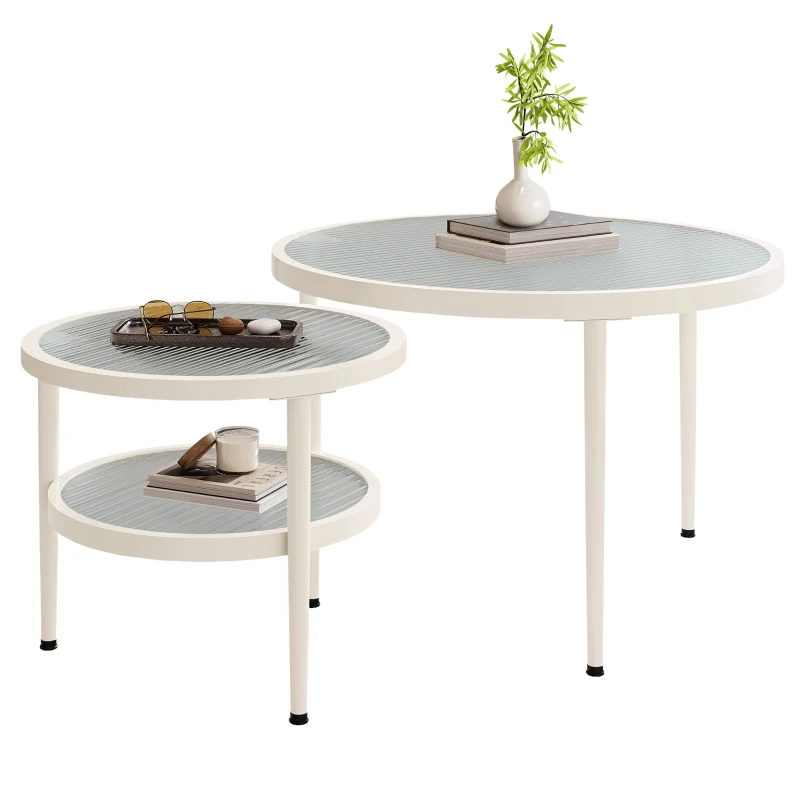 Ensemble de 2 tables basses gigognes rondes avec plateau en verre strié, polyvalentes et élégantes, Blanc