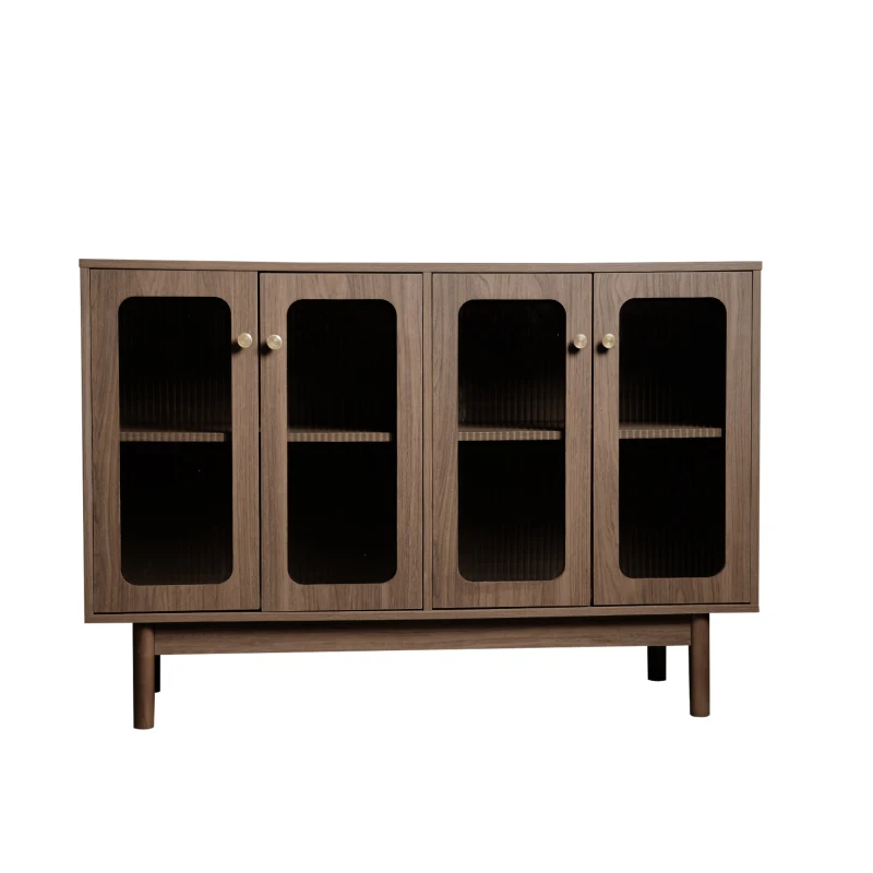Buffet couleur noyer avec vitrine et 4 portes en verre à rayures verticales, multifonction pour salon, Marron