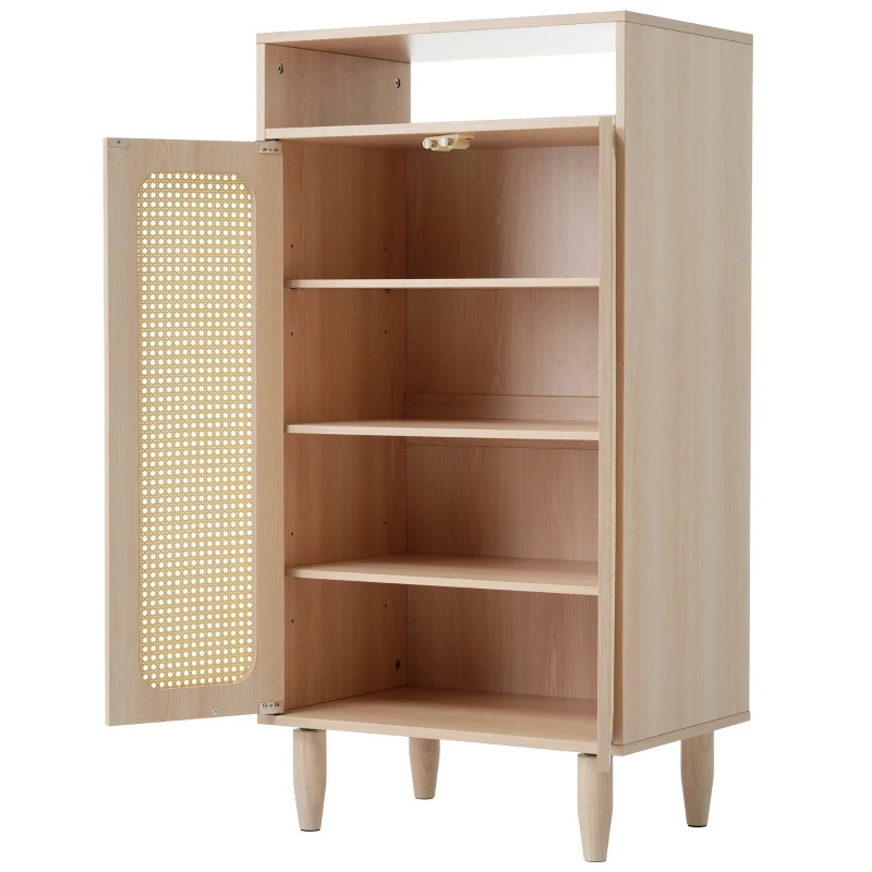 Buffet haut en Bois avec Portes en Cannage Rotin Étagères Réglables et Meuble de Rangement, Naturel