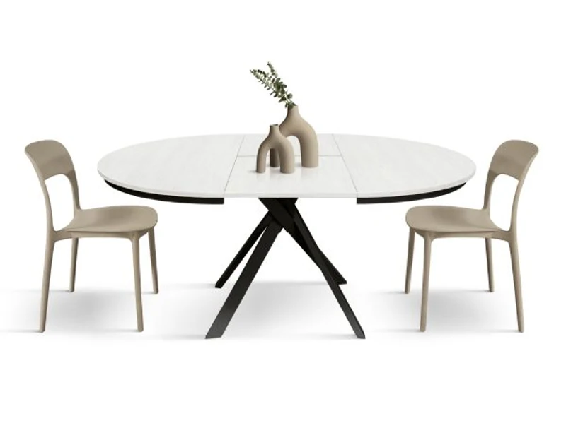 PAZZO DESIGN Tavolo Allungabile con Gambe Incrociate rotondo, Made in Italy, Basamento Nero, Bianco frassinato