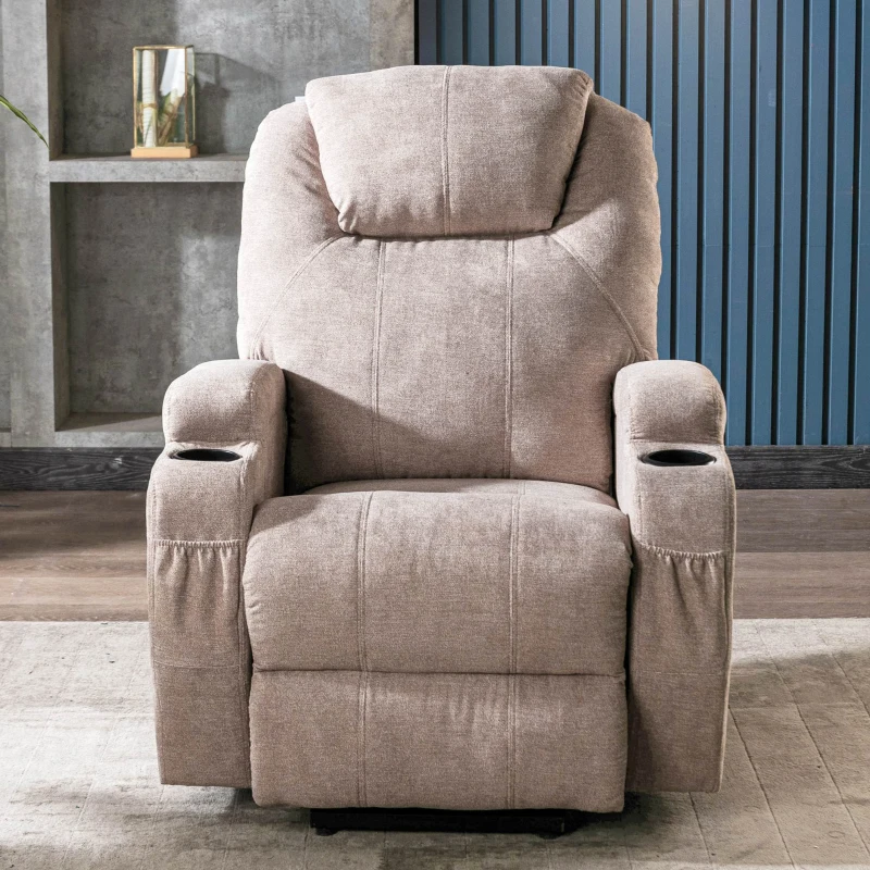 Fauteuil Relax Électrique Massant Inclinable Chauffant avec Porte-gobelets, Poches Latérales et Télécommande, Marron clair