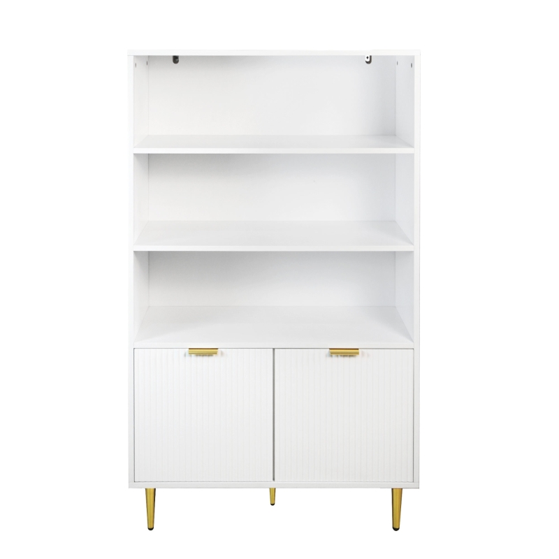 Armoire Haute Élégante, 2 Portes et 3 Étagères Ouvertes, Multifonction, Meuble de Rangement, Blanc+doré