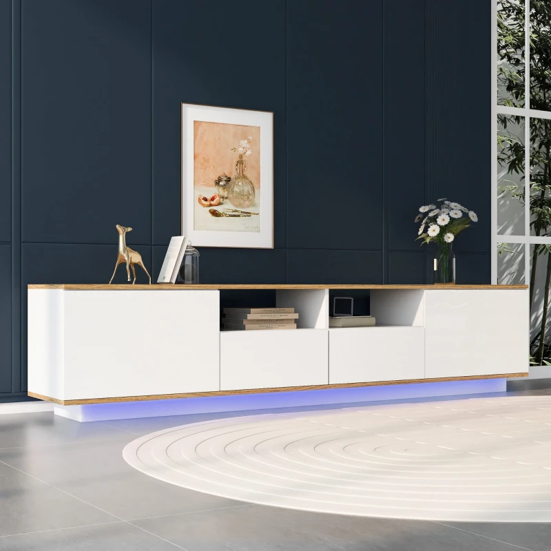 Meuble TV moderne mobile avec LED réglables, 2 armoires et 4 étagères, adapté pour les téléviseurs jusqu'à 80 pouces, effet bois, 180x40x50 cm, Blanc+naturel