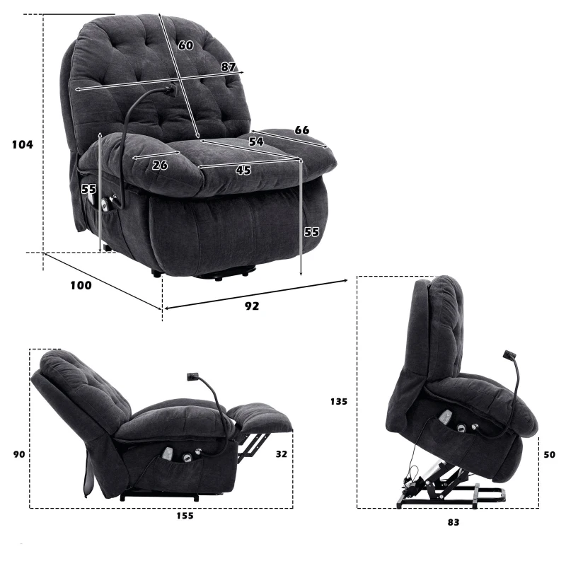 Fauteuil de Relaxation Électrique Massant et Chauffant avec support Téléphone, Télécommande et Poche Latérale - Design Moderne, Gris