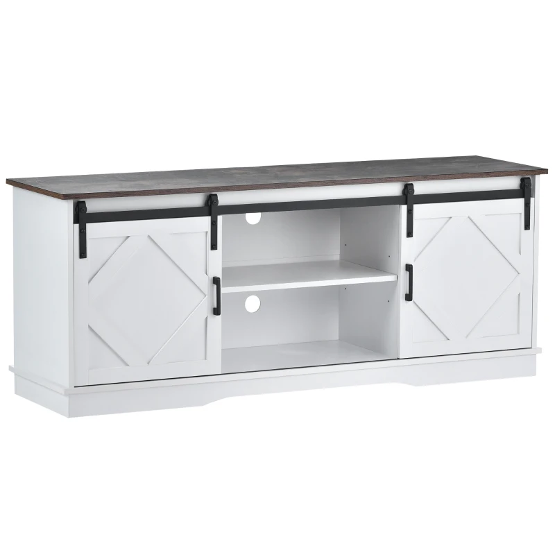 Meuble TV pour télévision jusqu'à 65 pouces style campagne moderne avec portes coulissantes et étagères réglables, Marron blanc