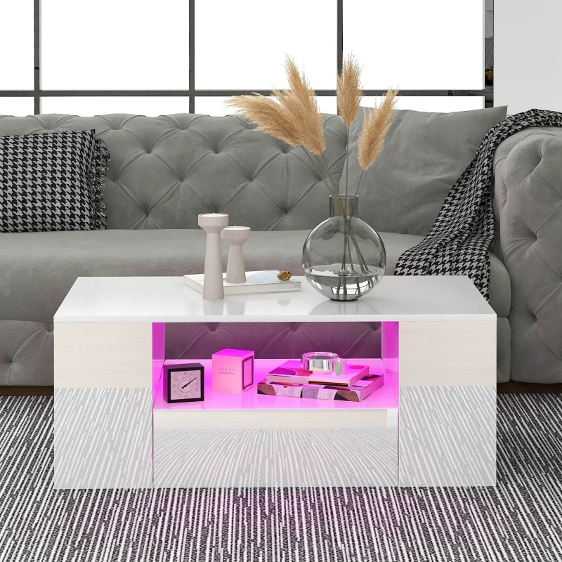 Table Basse Moderne Brillante Relevable avec Plateau Relevable, 2 Tiroirs, 2 Étagères et Éclairage LED, Blanc