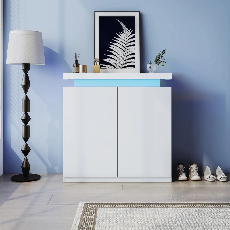 Meuble à chaussures mobile avec double porte, éclairage LED multicolore et armoire penderie, Blanc