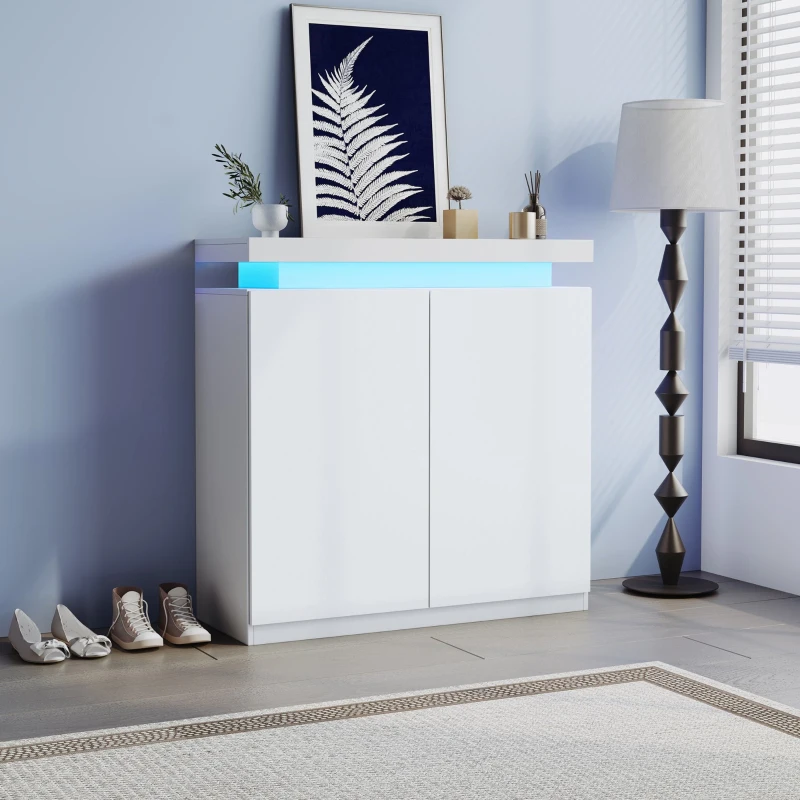 Meuble à chaussures mobile avec double porte, éclairage LED multicolore et armoire penderie, Blanc