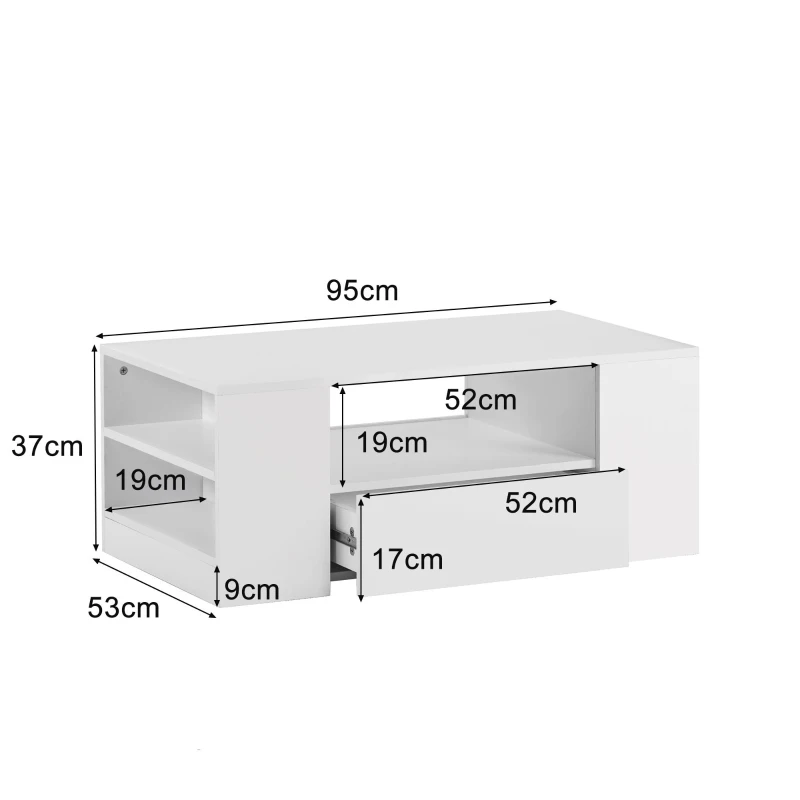 Table Basse Moderne Brillante Relevable avec Plateau Relevable, 2 Tiroirs, 2 Étagères et Éclairage LED, Blanc