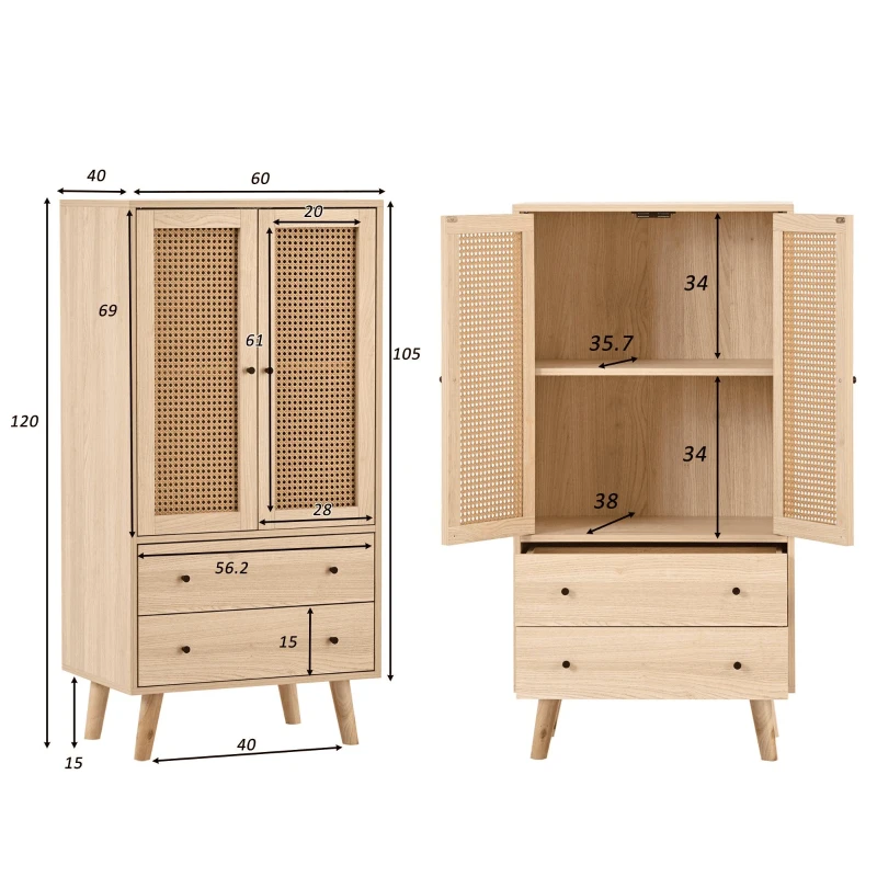 Buffet multifonction en bois avec portes en rotin, tiroirs et meuble de rangement, naturel