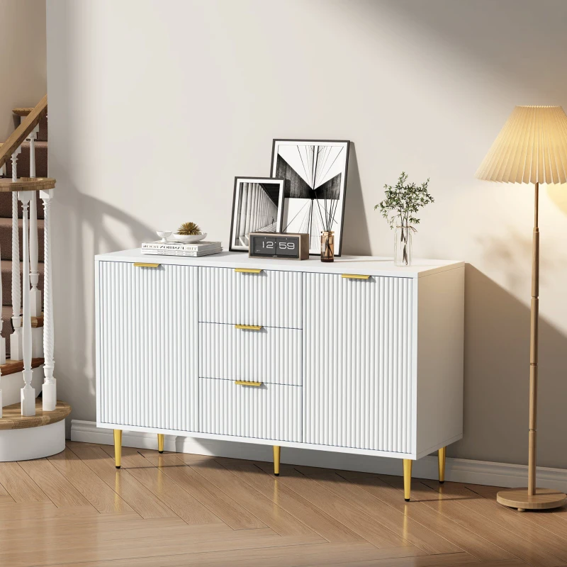 Buffet Élégante avec 2 Portes, 3 Tiroirs et Détails à Rayures Verticales - Meuble de Rangement, Blanc+doré
