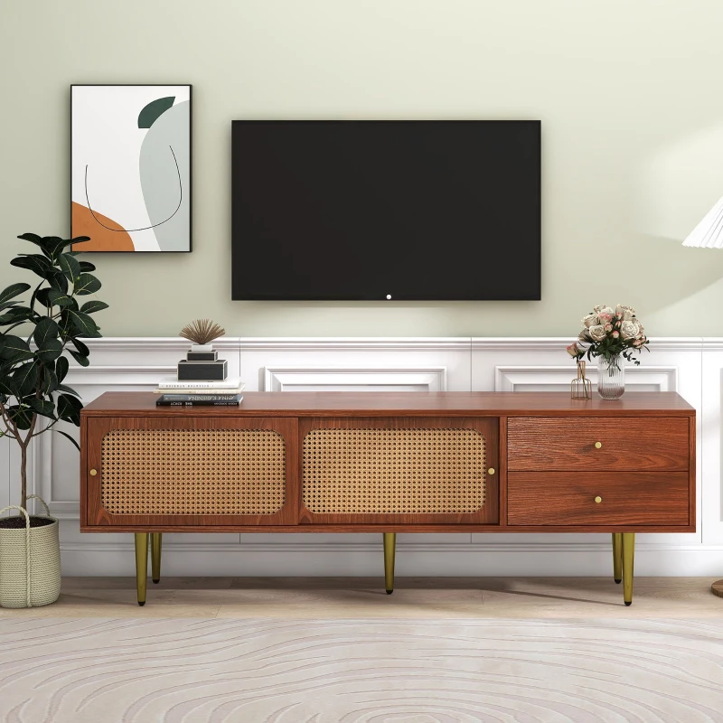 Meuble TV scandinave élégant avec portes coulissantes en rotin, tiroirs et 4 étagères, Couleur noyer