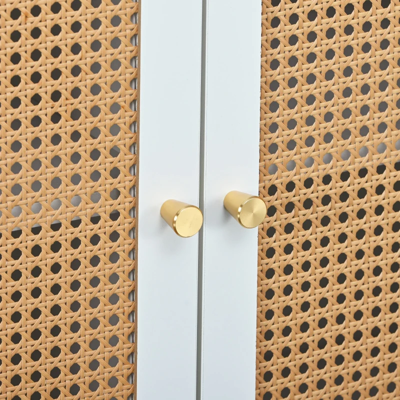 Buffet moderne avec 3 portes en rotin et poignées en métal, pour maison et bureau, Blanc
