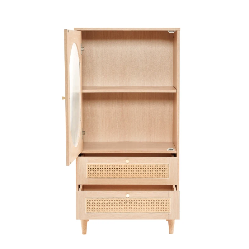 Meuble de rangement avec porte en acrylique transparent et 2 façades de tiroirs en cannage rotin pour salon et salle à manger, Naturel