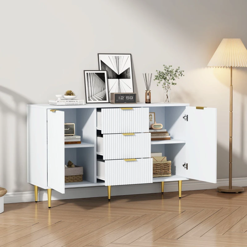 Buffet Élégante avec 2 Portes, 3 Tiroirs et Détails à Rayures Verticales - Meuble de Rangement, Blanc+doré