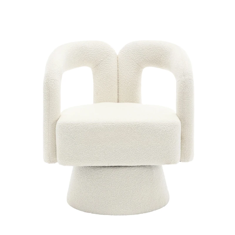 Poltrona Girevole Imbottita in Stoffa Bouclé, Design a Botte per Salotto e Ufficio, Beige