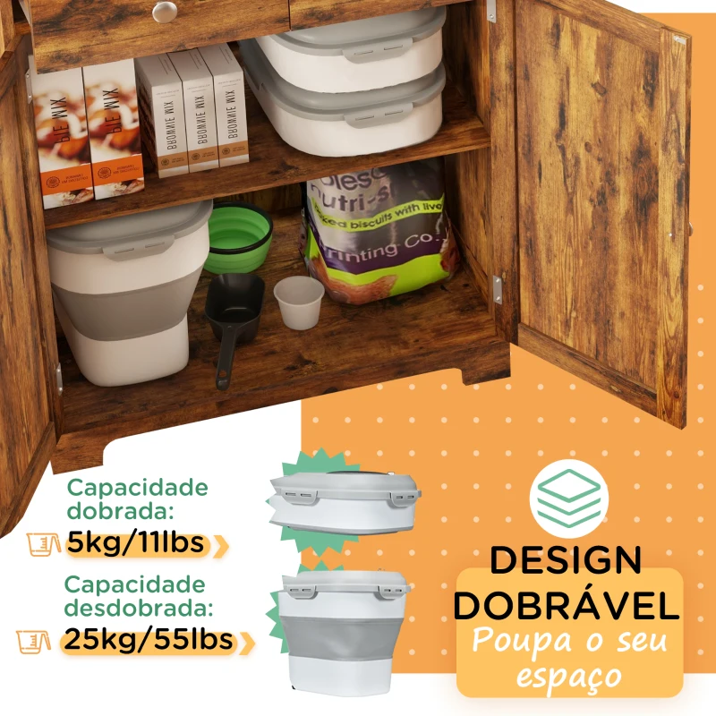 PawHut Recipiente de Comida para Cães 25L com Rodas Copo Medidor Tigela dobrável e colher cinza
