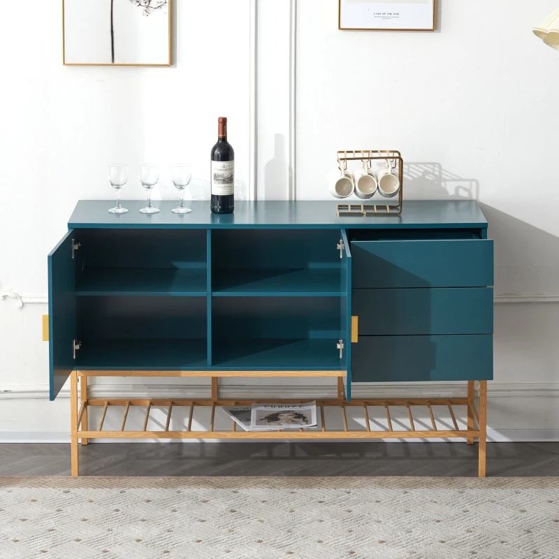 Buffet moderne avec détails dorés et tiroirs de rangement en MDF, Bleu