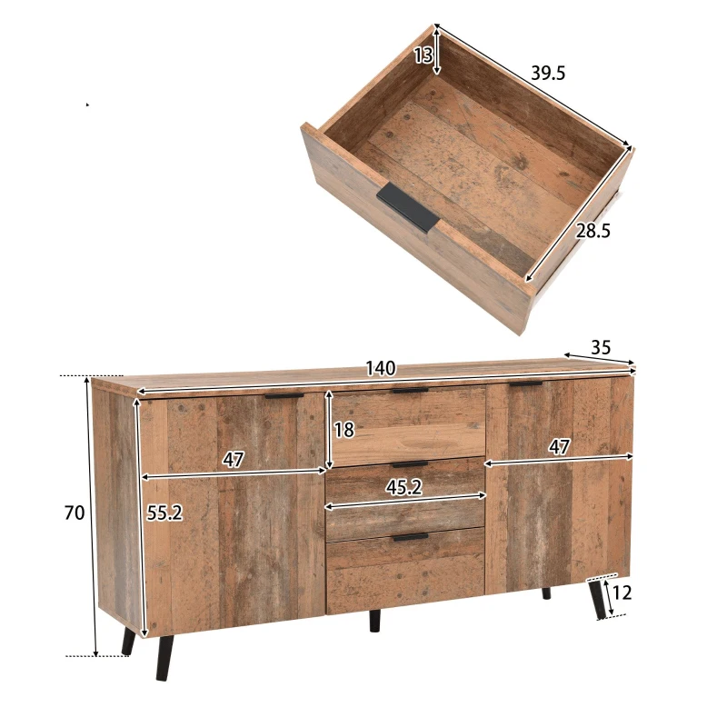 Buffet Vintage Scandinave en Bois avec 3 Tiroirs et Étagères Réglables pour Salon et Salle à Manger, Brun antique(m-3)