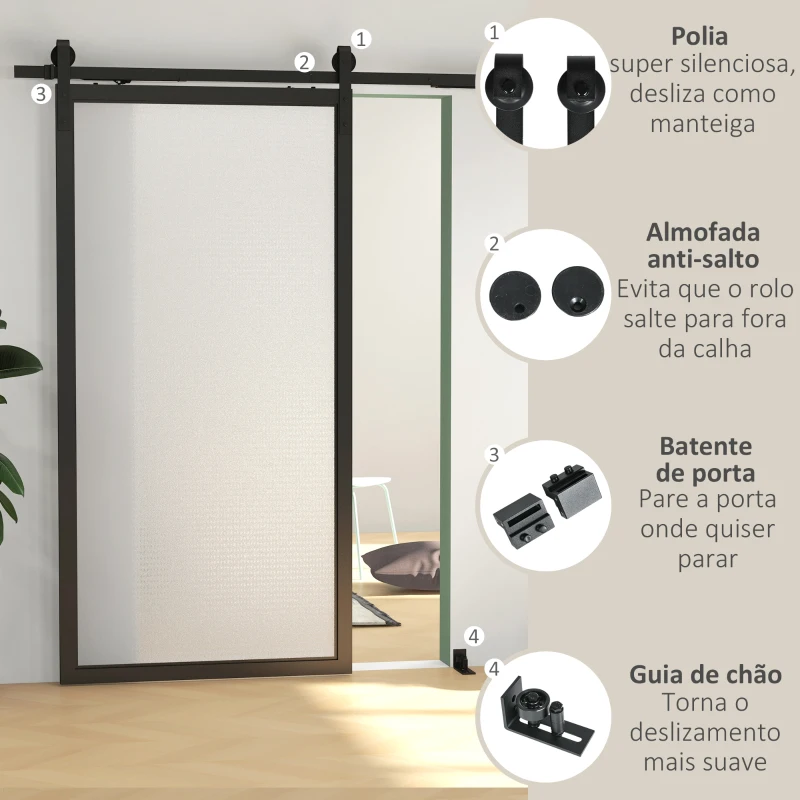 HOMCOM 6.6FT/200cm Kit de Ferragens para Porta Deslizante de Celeiro com Amortecedor Sem Perfuração e 2 Trilhos Preto