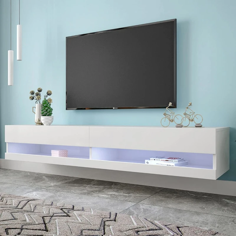 Meuble TV scandinave blanc avec éclairage LED, design moderne et spacieux, Blanc