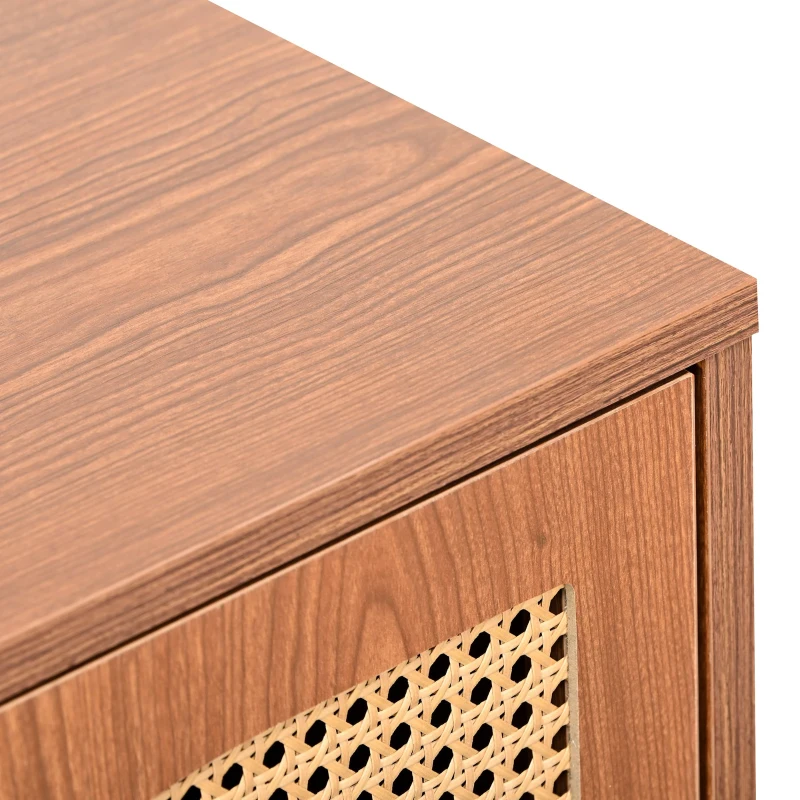 Buffet moderne avec 3 portes aspect cannage, poignées en métal et meuble d'entrée de rangement, Couleur noyer