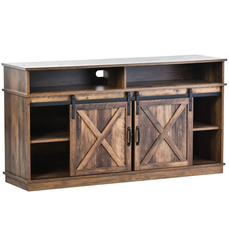 Meuble TV avec Portes Coulissantes, Étagères Réglables et style maison de campagne - pour TV jusqu'à 65 Pouces, Marron