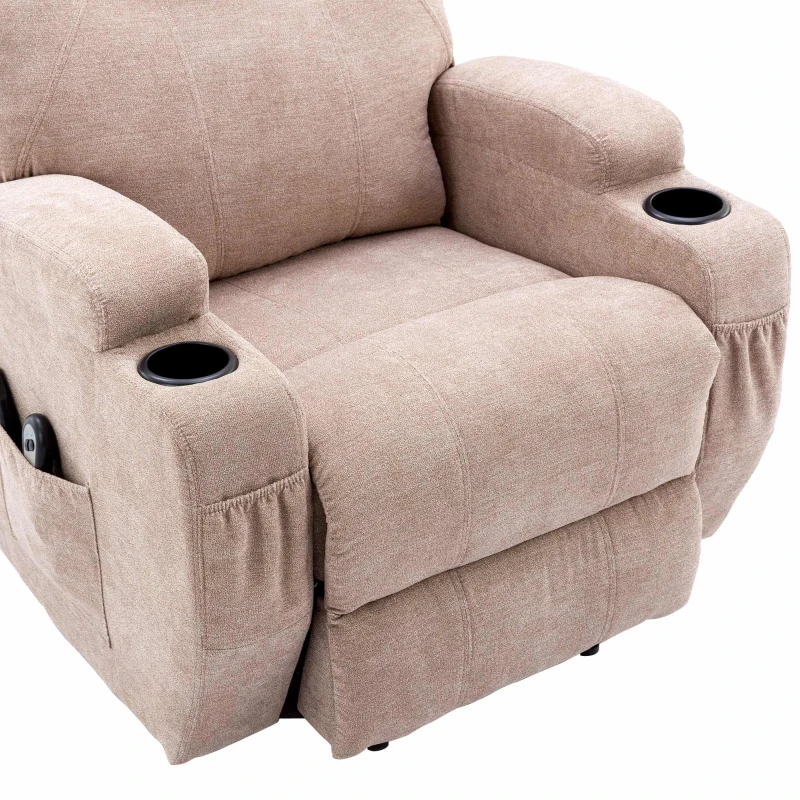 Fauteuil Relax Électrique Massant Inclinable Chauffant avec Porte-gobelets, Poches Latérales et Télécommande, Marron clair