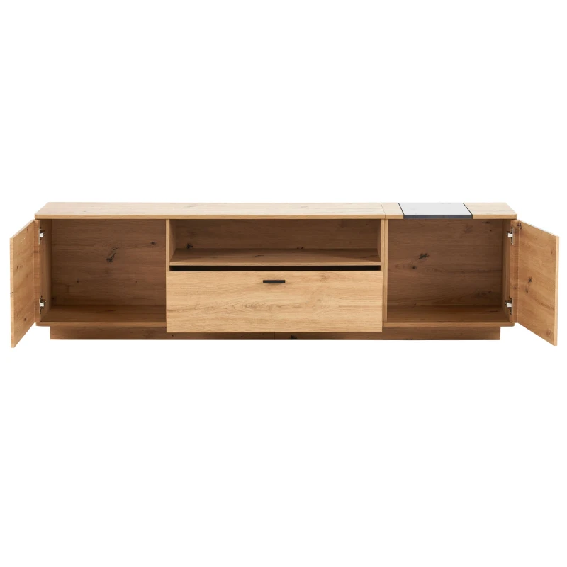 Meuble TV Scandinave Spacieux 1,8 m pour Téléviseur 80 pouces en MDF avec Angles Arrondis et Étagères de Rangement, Marron