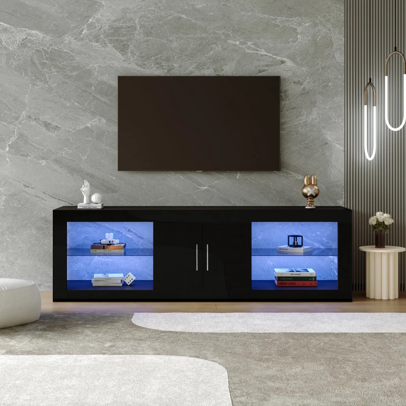 Meuble TV moderne scandinave avec LED 16 couleurs et contrôle Bluetooth, détails brillants et étagères réglables, Noir