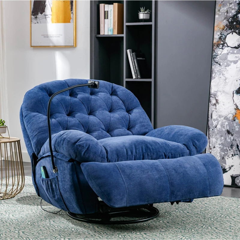 Fauteuil de Relaxation Pivotant à 360° Massant et Chauffant avec support téléphone et Poche Latérale, Bleu