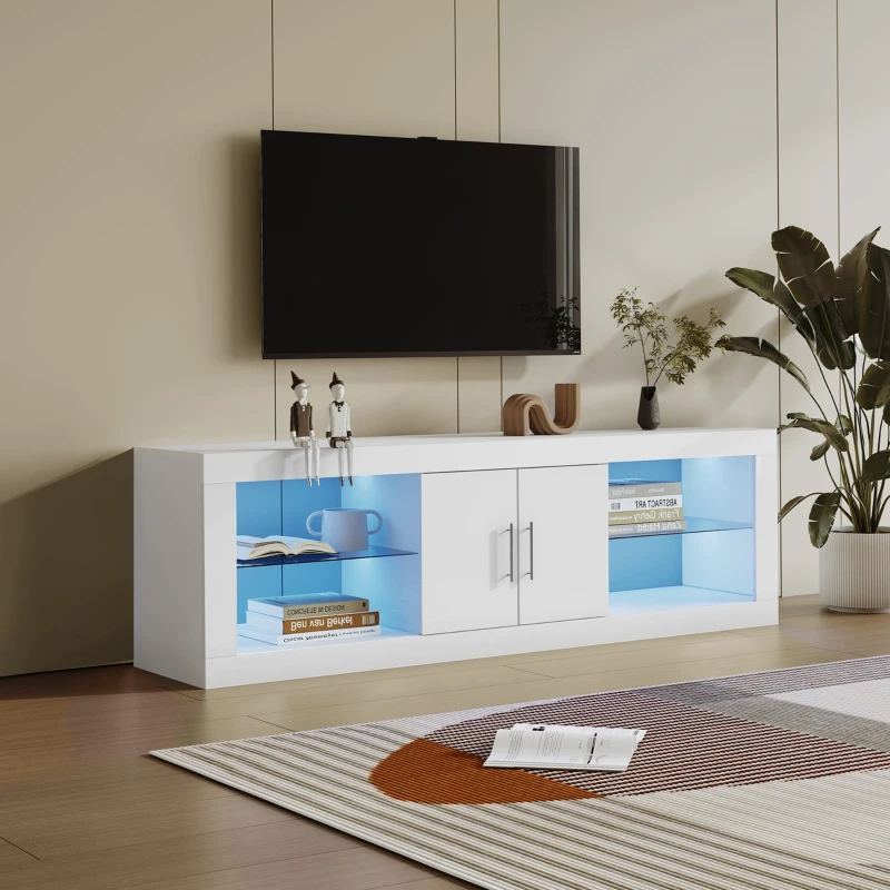 Meuble TV scandinave moderne suspendu pour écrans jusqu'à 60" avec LED 16 couleurs et contrôle Bluetooth, portes brillantes, Blanc