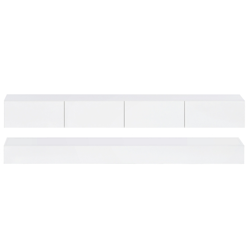 Meuble TV suspendu scandinave avec éclairage LED RGB 16 couleurs, 2 armoires et 4 tiroirs, pour TV jusqu'à 55 pouces, Blanc