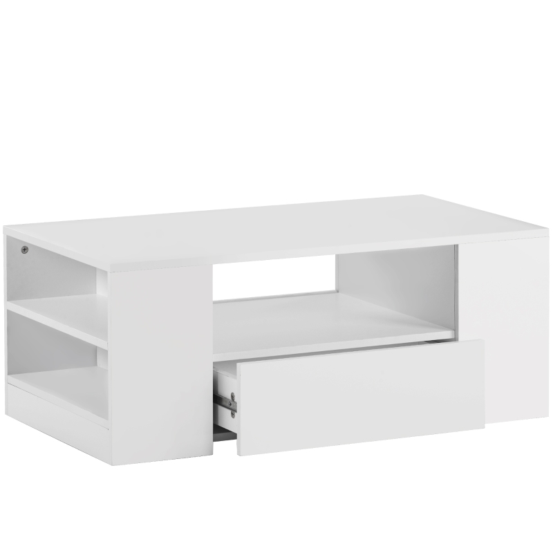 Table Basse Moderne Brillante Relevable avec Plateau Relevable, 2 Tiroirs, 2 Étagères et Éclairage LED, Blanc