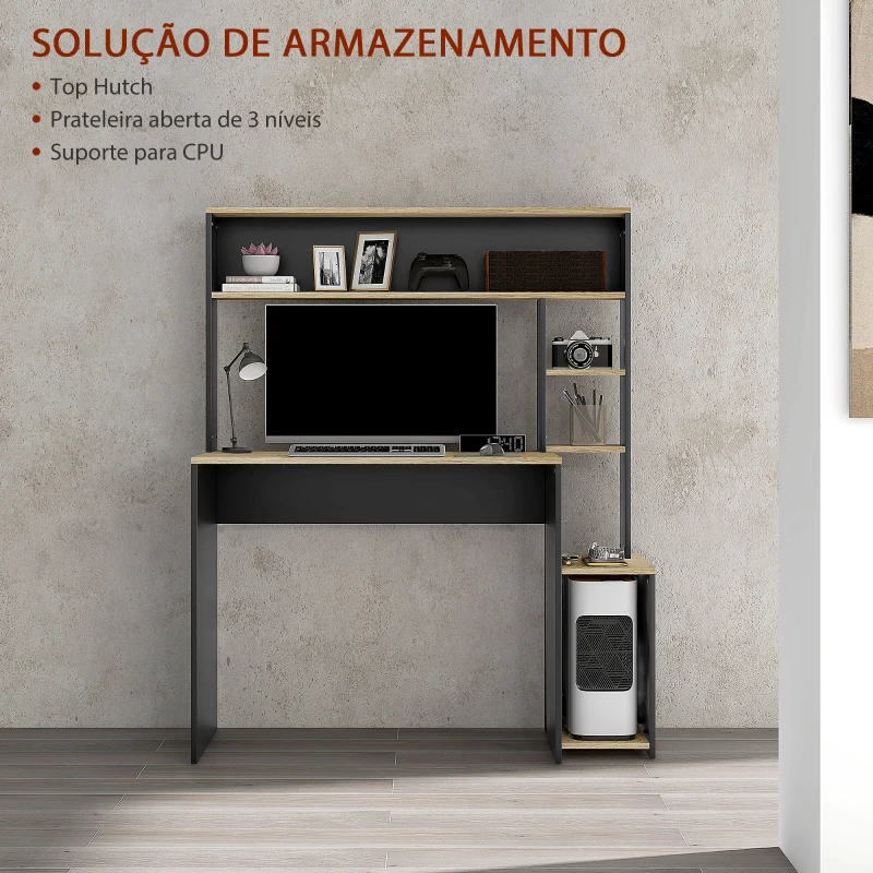 HOMCOM Secretária para Computador com Prateleira de 3 Níveis Mesa de Estudo com Suporte para CPU 114x45x138 cm Cinza e Natural