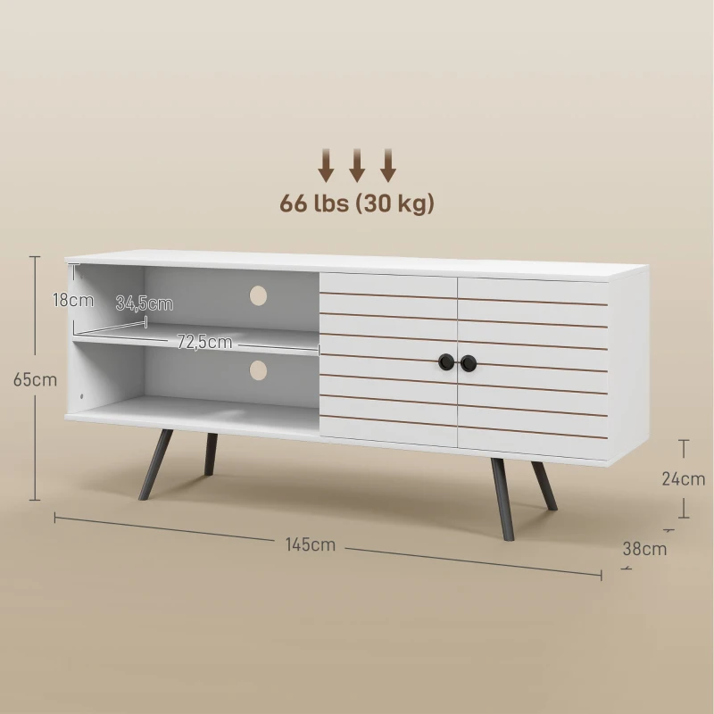 HOMCOM Móvel de TV para Televisores de até 65 Polegadas com 2 Prateleiras Abertas 1 Armário com Portas 145x38x65 cm Branco