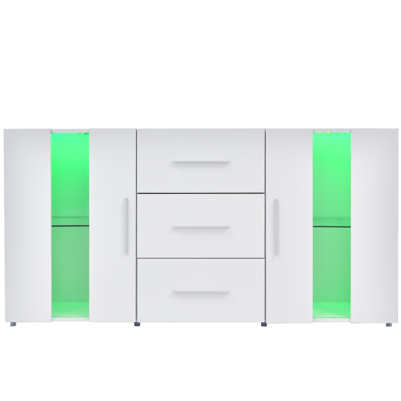 Buffet moderne avec lumières LED multicolores, 3 tiroirs et 2 placards, 140 cm - Meuble TV Suspendu, Blanc