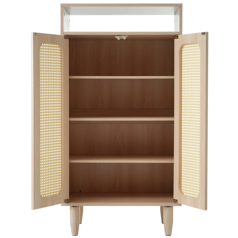 Buffet haut en Bois avec Portes en Cannage Rotin Étagères Réglables et Meuble de Rangement, Naturel