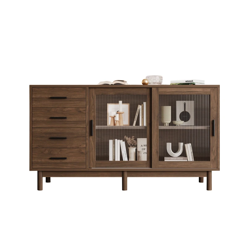 Buffet polyvalent avec vitrine en verre, 4 tiroirs et 2 portes - Meuble TV à roulettes, Bibliothèque et Meuble de rangement, Marron