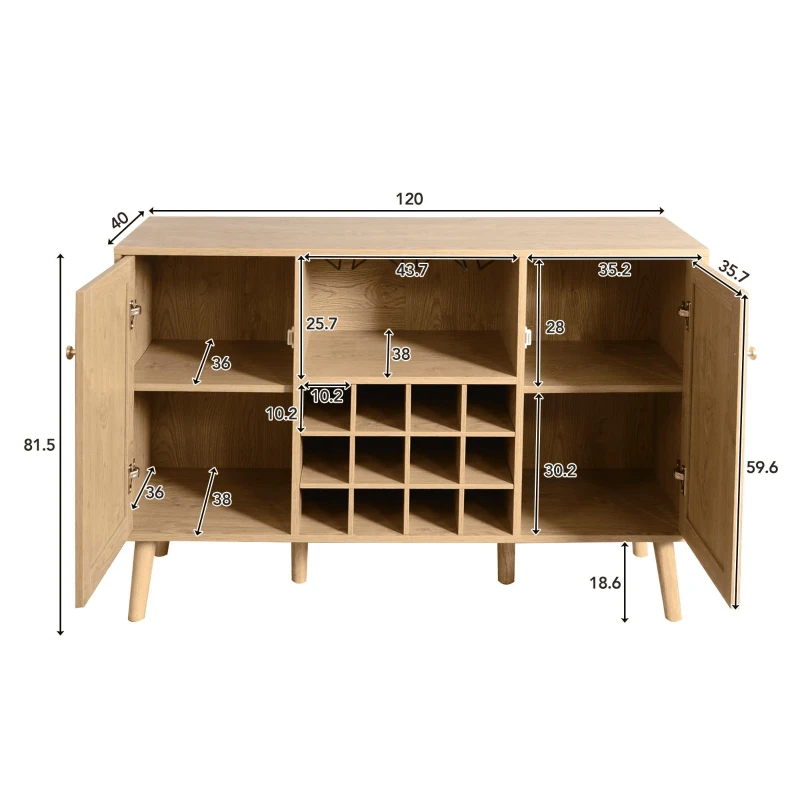 Buffet effet bois avec 2 portes en rotin, étagères réglables, bibliothèque et porte-bouteilles, Naturel