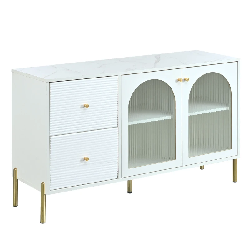 Buffet Élégante avec Étagères Réglables et Dessus Effet Marbre, 2 Portes et 2 Tiroirs - Meuble de Rangement, Blanc