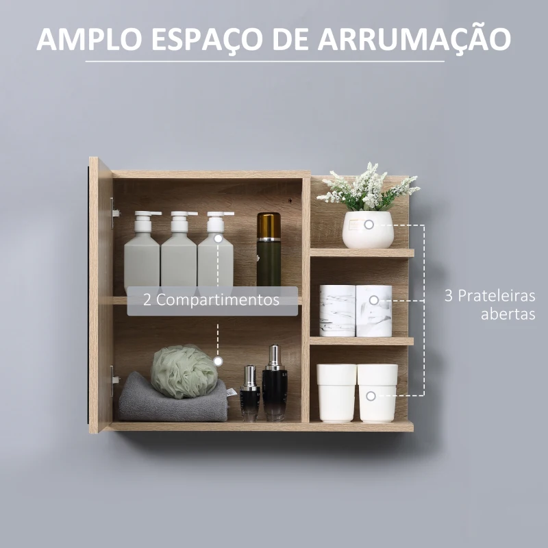 kleankin Armário Casa de Banho com Espelho Montado na Parede com 3 Prateleiras Abertas e 1 Porta com Prateleira Interior 60x18x50 cm Natural