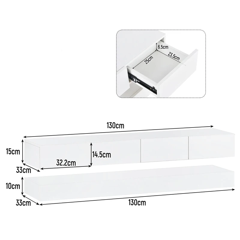 Meuble TV suspendu scandinave avec éclairage LED RGB 16 couleurs, 2 armoires et 4 tiroirs, pour TV jusqu'à 55 pouces, Blanc